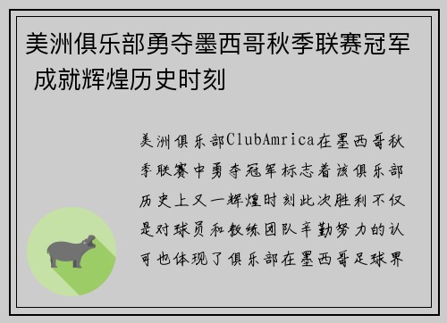 美洲俱乐部勇夺墨西哥秋季联赛冠军 成就辉煌历史时刻 美洲俱乐部勇夺墨西哥秋季联赛冠军 成就辉煌历史时刻