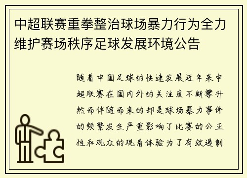 中超联赛重拳整治球场暴力行为全力维护赛场秩序足球发展环境公告